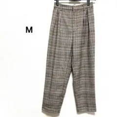 グレンチェック柄タック入りスラックス　テーパードパンツ　ボトムス M