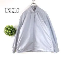 ユニクロ【Ｍ】スタンドカラーシャツ コットン　花ボタン　ゆるふわ　グレー
