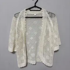 鍵編み　メッシュ　カーディガン　オフホワイト M