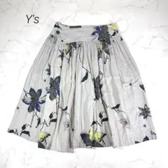Y's ワイズ ロングスカート 花柄 フラワー グレー ギャザー フレア 綿 2のサムネイル