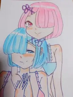Re:ゼロから始める異世界生活 自作　手描きイラスト　ラム＆レム　ポストカード
