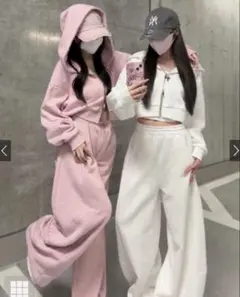 ダブルジップパーカーxワイドパンツ裏起毛スウェットセットアップ［ru1331］