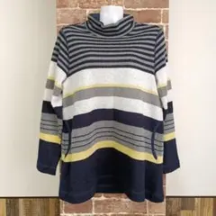 シンプルライフ　ニット　ネイビー×グレー　長袖　ハイネック　ボーダー　チュニックのサムネイル