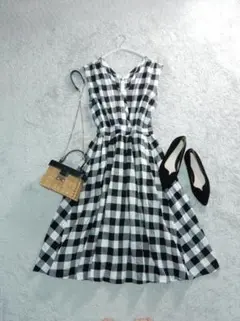 イエナ IENA 大人可愛い Vネック チェック フレア ワンピース 38
