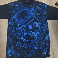 00s Y2K ヴィンテージ スカル スター 総柄 Tシャツ フルプリント 黒 