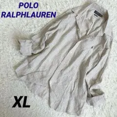 ✨リネン100%✨ポロラルフローレン 長袖　シャツ　QRコード　ストライプ　XL