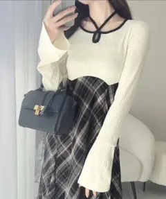 mily bilet パイピングカットソードッキングチェックワンピース