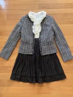 2色ツイードチェックカラーフリル付きツイードジャケットプリーツスカートブラウス