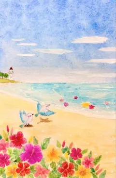 原画 水彩画 カサブランカと百日紅と花の小舟と小鳥さん 値段は※900円