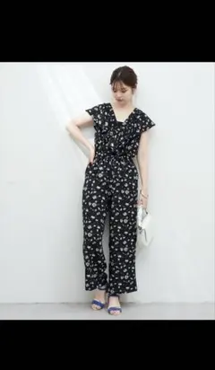 フラワー柄 ブラック オールインワン