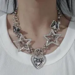 ネックレス 星 ハート 蝶 Y2K グランジ 原宿 地雷 量産 キラキラ 銀 黒
