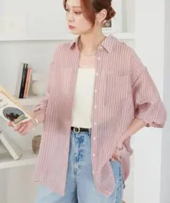 Discoat シアーストライプシャツ　ピンク