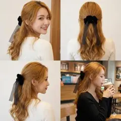 ベロア リボン シュシュ 黒 ロング ビッグリボン 韓国 フレンチガーリー 子供