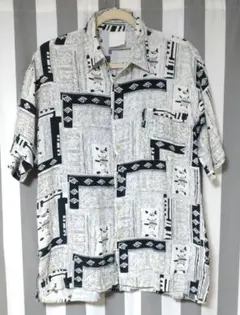 ヴィンテージ アロハシャツ 総柄 トライバル風 アート ブラック×ホワイト