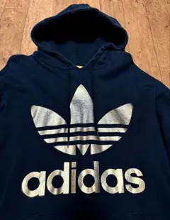 【adidas】トレフォイル ビッグロゴ パーカー ブラック L ゴールド