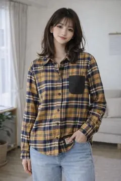 タグ付き 新品 ハリスツイード 黄色 イエロー チェック シャツ Mサイズのサムネイル