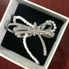 シルバー　パールブローチ リボンブローチ