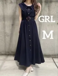 GRL ワンピース M ベルト付き ビッグカラー 配色ステッチ フレアワンピース