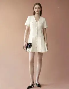 SATURDAYCLUB Vネックプリーツヘムツイードワンピース