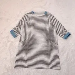 スクロール　ひざ丈ワンピース　ボーダー　配色　ポケット　七分袖に調整可能　白　M