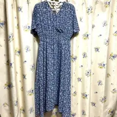 花柄ネイビー半袖ロングワンピース大きいサイズ3L