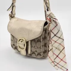 COACH ショルダーバッグ ポシェット キャンバス レザー スカーフ ゴールド