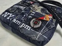 デニムリメイクショルダーバッグ 上部ファスナー ストラップ付き