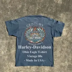 00s USA製 ハーレーダビッドソン T 両面プリント フェード 鷲 紺 L