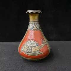 壺屋焼 赤絵魚文　花瓶　壺　小橋川清正 作