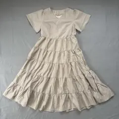 vintage ベージュ ティアードワンピース 半袖 Vネック ロングワンピース
