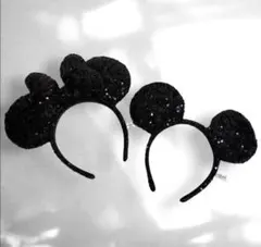 未使用 ディズニー ミッキー ミニー 耳 リボン カチューシャ スパンコール 黒