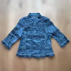 【レトロ】ブラウス M ターコイズ レース 花柄 刺繍 vintage