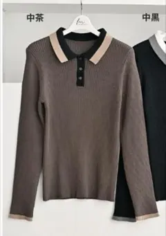 リブ 配色 襟 プルオーバー しまむら mumu ブラウン
