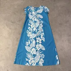 ハワイ製 花柄 アロハワンピース 青　Hawaphi ドレス　ムームー　USA