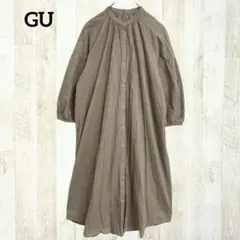 GU バンドカラー ロングシャツワンピース M ベージュ ギャザー 綿100%