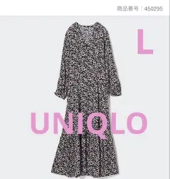 UNIQLOユニクロプリントVネックフレアワンピース(L)