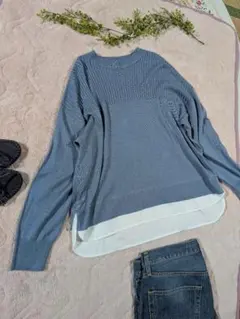 極美品パステルブルー レイヤードニットセーター 長袖ゆったり3L