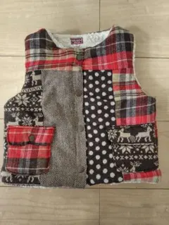 ■着用回数少なめ■nicorisリオボアベストパッチワーク風95cmブラウン赤