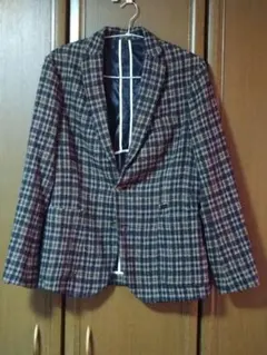 【大人ビジカジ】ザラ・ジャケット・ツイード・紺×ベージュ・チェック・モザイクXL