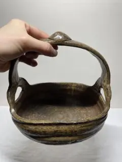 菓子器　茶道具　美濃古窯　織部焼　桔梗屋窯　取手付菓子器　深緑　グリーン 菓子器 茶道具 美濃古窯 織部焼 桔梗屋窯 取手付菓子器 深緑 グリーン