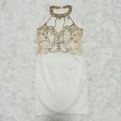 ホワイト ビジューハイネックドレス Mサイズ　美スタイル　白　ミニドレス　M
