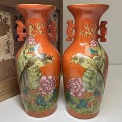 中国民国時代　粉彩花鳥図花入一対　木箱付　高約25.5㎝　東Y8-0507☆2F