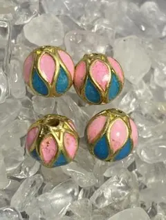 伝統工芸　チベット　七宝焼き　ピンク×ブルー　4点セット　約6ミリ