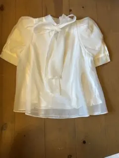 リボン付きシースルー半袖ブラウス M