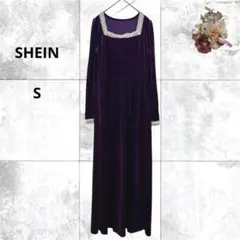 SHEIN シーイン　スクエアネックベロア調ワンピース　レース　ドレス　パープル