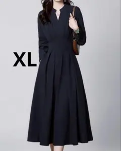 【新品】ワンピース 長袖 ロングワンピース Aライン 無地 Vネック 体型カバーのサムネイル