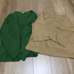 レディース　Lサイズ　グリーンカーディガンとベージュトップスセット