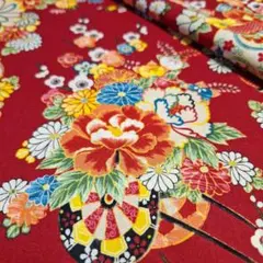 ★【YUWA】花舞物語~來華羅華~<和柄シーチング>生地 はぎれ[赤系]