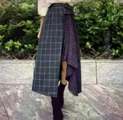 アシンメトリーチェックプリーツスカート　緑/紺