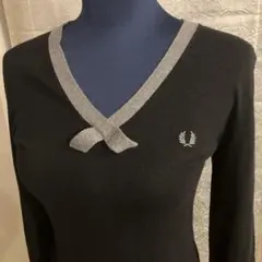 フレッドペリー Vネック 長袖　ウールニットワンピース　レーヨン　ウール混紡　黒